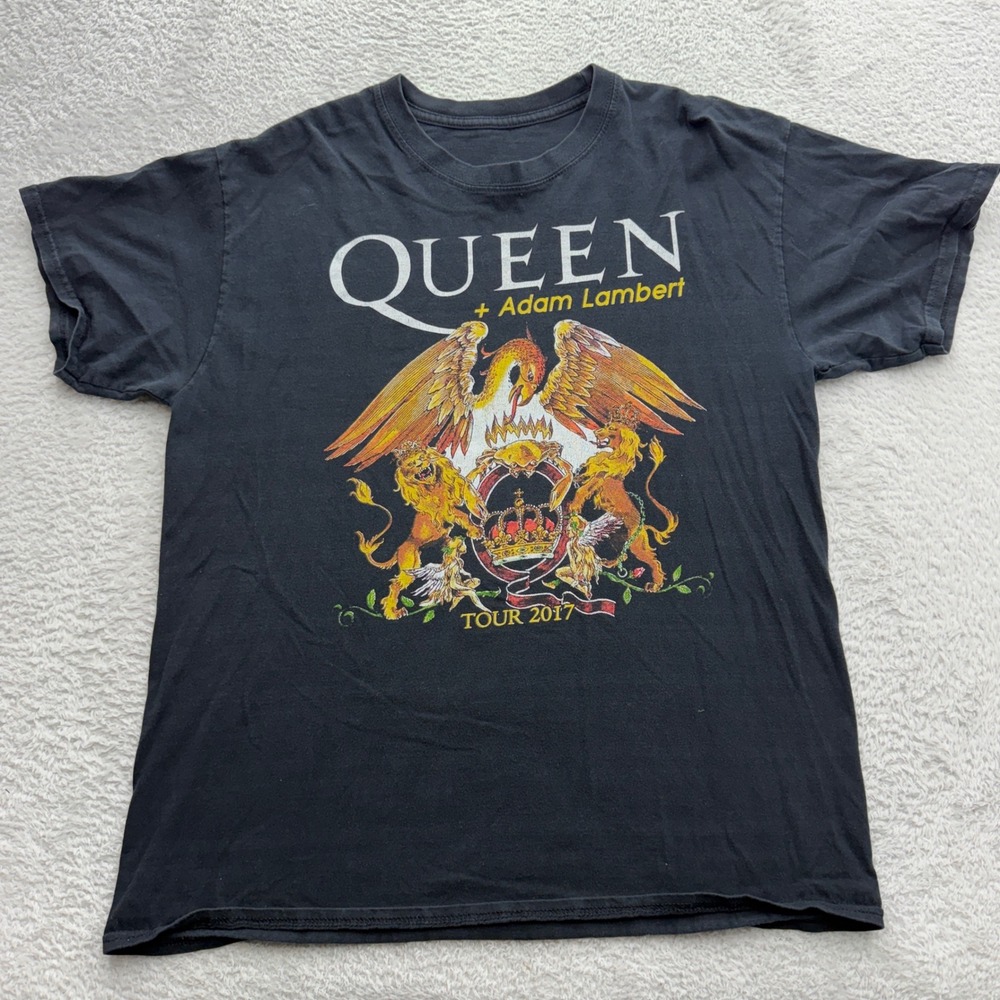 Queen Adam Lambert Tour 2017 Mens Black Graphic T-Shirt Rock Band Concert Tee